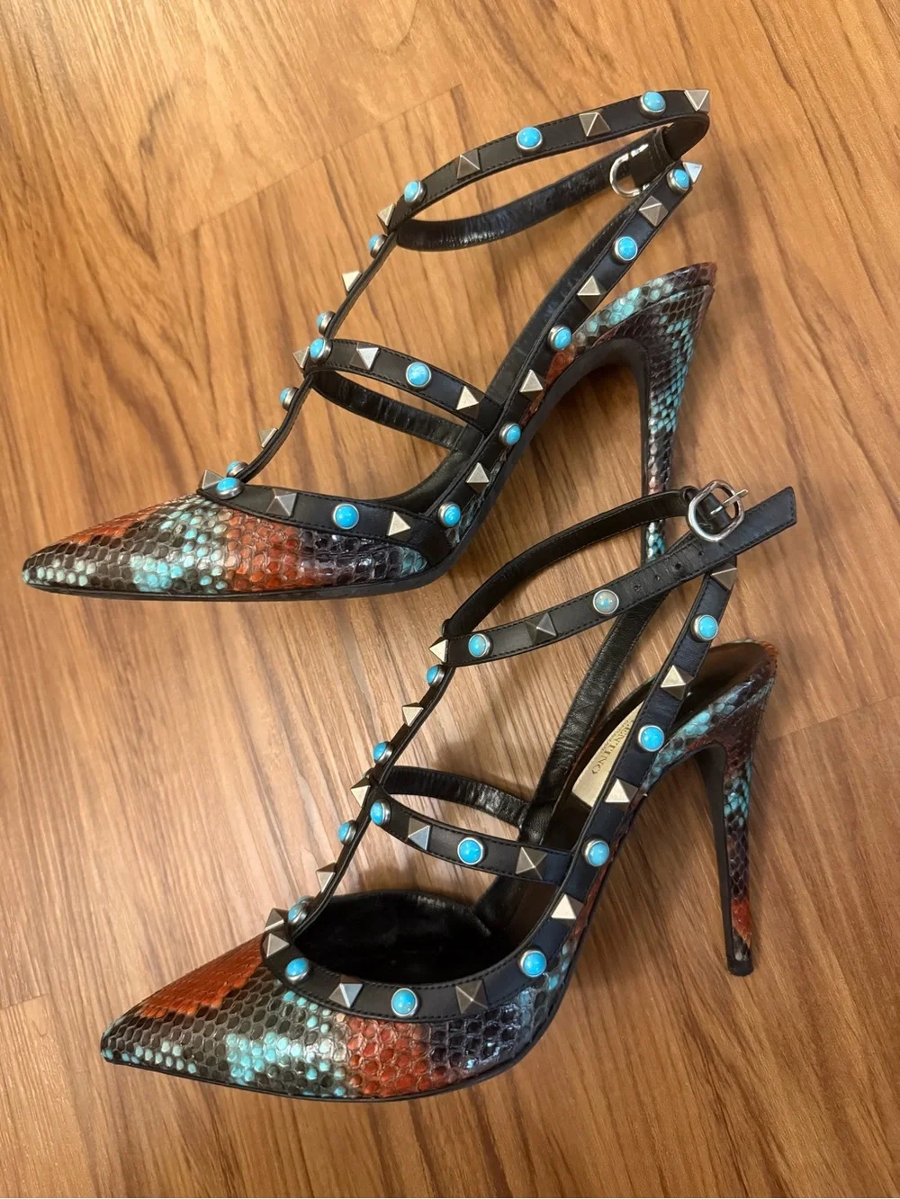 Valentino Garavani Black Studded Multi-Color Python Rockstud Heels 38.5
